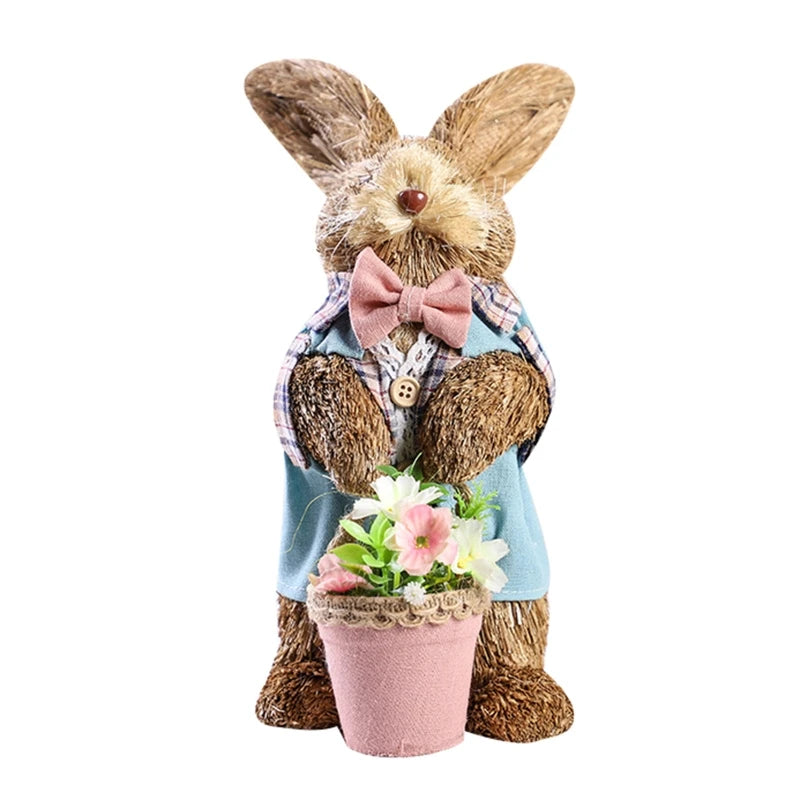 Handwerk Paasstro -konijn ornament met bloemmand staande konijnenpop